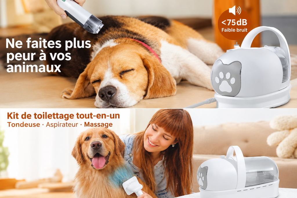 Kit Aspirateur-Tondeuse Toilettage 7-en-1 Professionnelle pour Chien et Chat