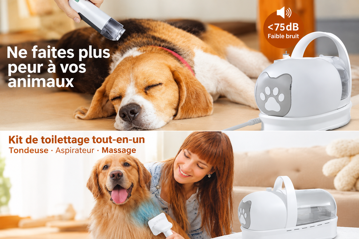Kit Aspirateur-Tondeuse Toilettage 7-en-1 Professionnelle pour Chien et Chat