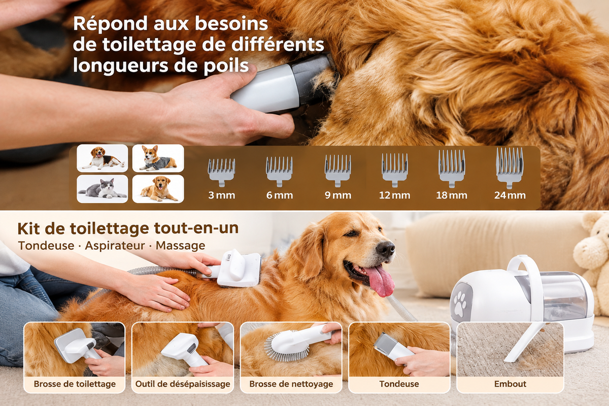 Kit Aspirateur-Tondeuse Toilettage 7-en-1 Professionnelle pour Chien et Chat